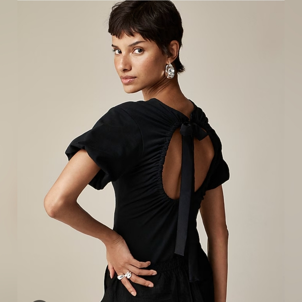 NWT J.Crew Open Back Puff Sleeve Top Size XS Black
